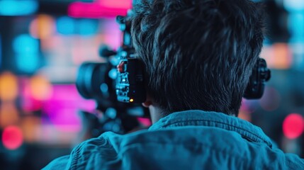 The image shows a person from behind using a high-quality camera to film a vibrant, colorful scene. The focus is on technology and creativity in visual media.