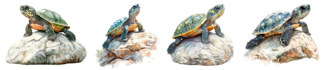 Fototapeta premium A baby turtle resting on a rock, beautifully illustrated in soft pastel watercolor, set against a transparent background.