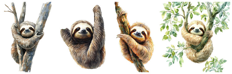 Fototapeta premium A cute cartoon sloth hanging from a tree branch, illustrated in pastel watercolor style, set against a transparent background.
