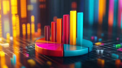 Obraz premium A colorful pie chart with bars, shown in 3D.