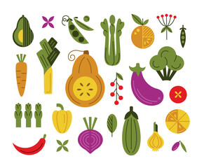 Vegetables geometrical colorful collection. Pumpkin, Tomato, Carrot, Onion, Radishes, Beetroot, Pepper, Garlic, Olives, Arugula, Celery, Sparrowgrass. Organic food. Farm Flat Vector Illustration