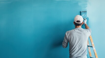 A person stands on a ladder and paints a large blue wall with a brush, carefully applying the color. The scene conveys focus and a sense of creative endeavor.