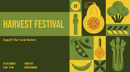 Colorful Geometric Vegetable Background, horizontal geometrical modern style design. Vector poster, banner template for Farmers Market, Organic Farm, Harvest Festival, Agricultural fair