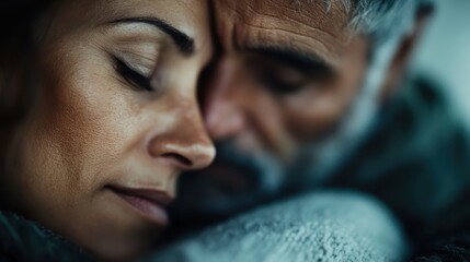 An intimate close-up of a couple's faces gently pressed together, highlighting emotions of warmth, love, and connection in a cozy, intimate setting.