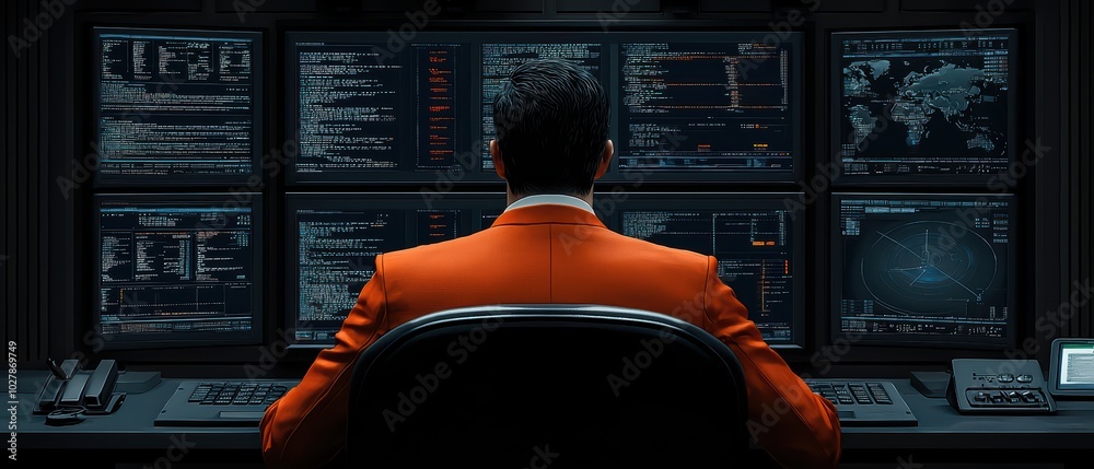 Poster a professional in an orange suit analyzing data on multiple screens in a modern tech environment.