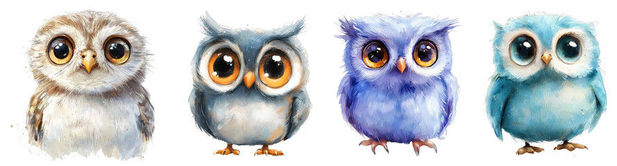 Fototapeta premium A tiny owl with large eyes, illustrated in soft pastel watercolor style, child-friendly, set on a transparent background.