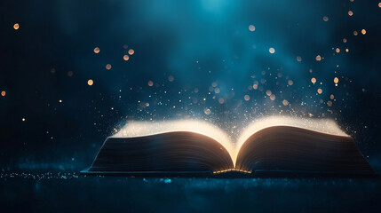 Naklejka premium An open book radiating magical light in a mystical setting.