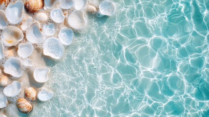 This image captures a serene collection of seashells resting on a sandy beach, washed by crystal clear water, emphasizing tranquility and natural beauty.