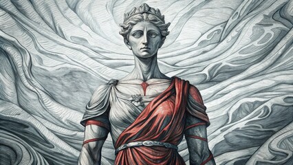 Fototapeta premium A graphite drawing of a stone statue of a woman wearing a red robe