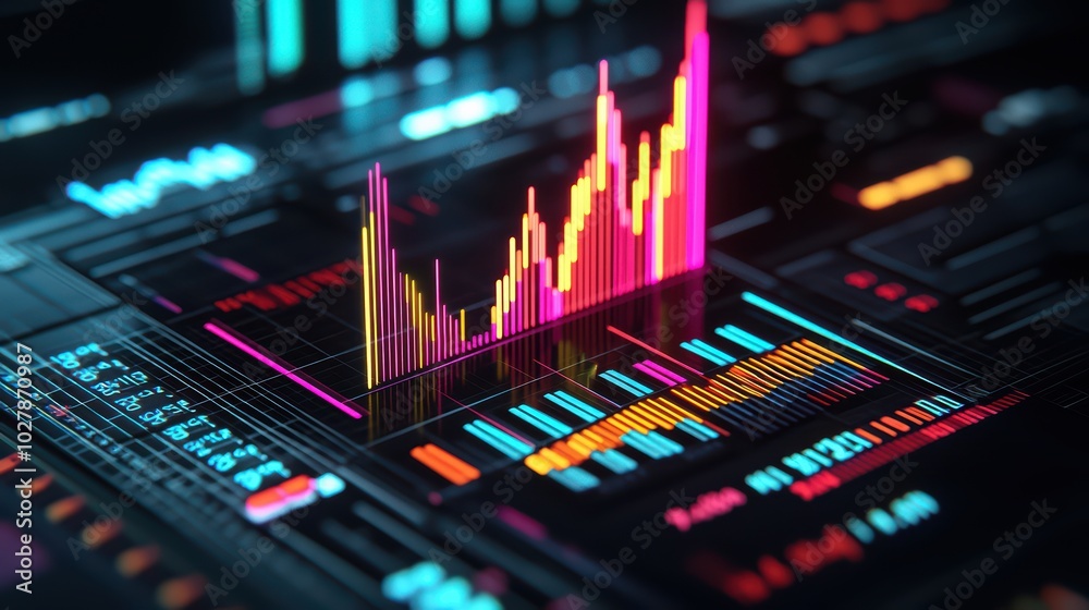 Poster abstract digital data visualization with colorful graphs and charts on a dark background.