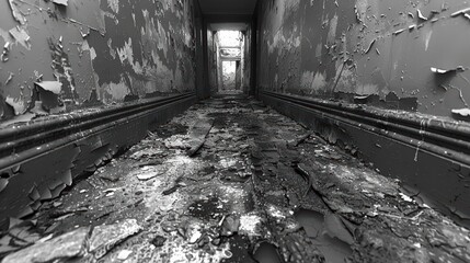 A dilapidated hallway reveals years of neglect with peeling paint and debris-covered floors in a hauntingly abandoned building interior