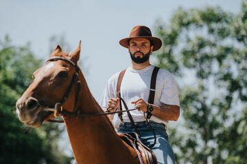Fototapeta premium Bearded man in hat riding a brown horse outdoors on a sunny day, surrounded by trees and greenery.