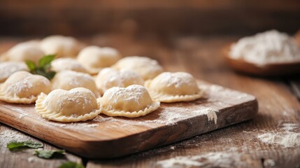 Handmade dumplings sit dusted with flour on a rustic wooden board, evoking a sense of homely warmth and tradition, ready to be cooked to perfection.