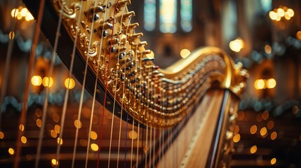 A beautifully crafted golden harp in an ornate hall showcasing intricate details and elegant...