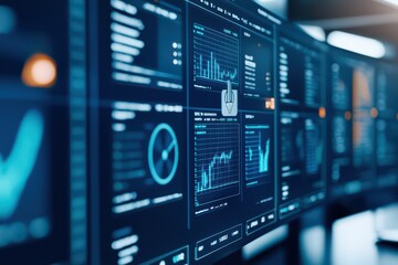 Fototapeta premium Data analysis and visualization on digital screens in a modern office environment.