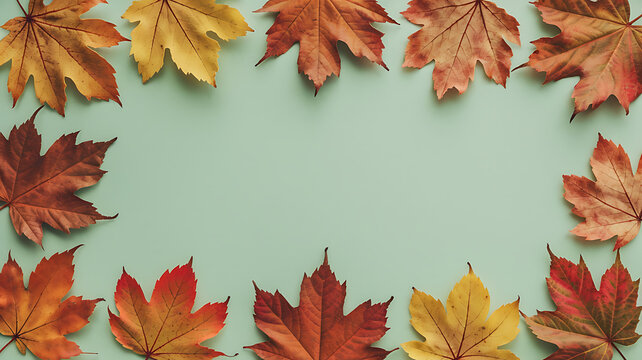 Autumn leaves frame a mint background, perfect for fall and Thanksgiving designs. 
