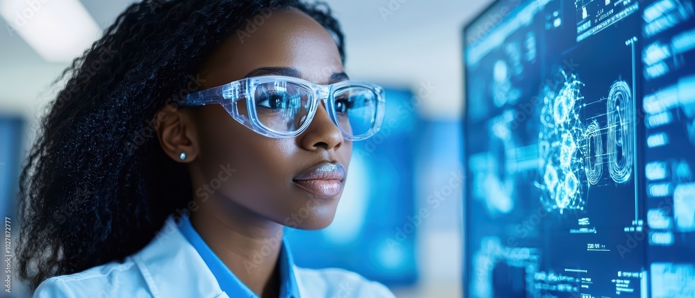 Poster focused scientist analyzing data on a digital screen in a modern lab environment.