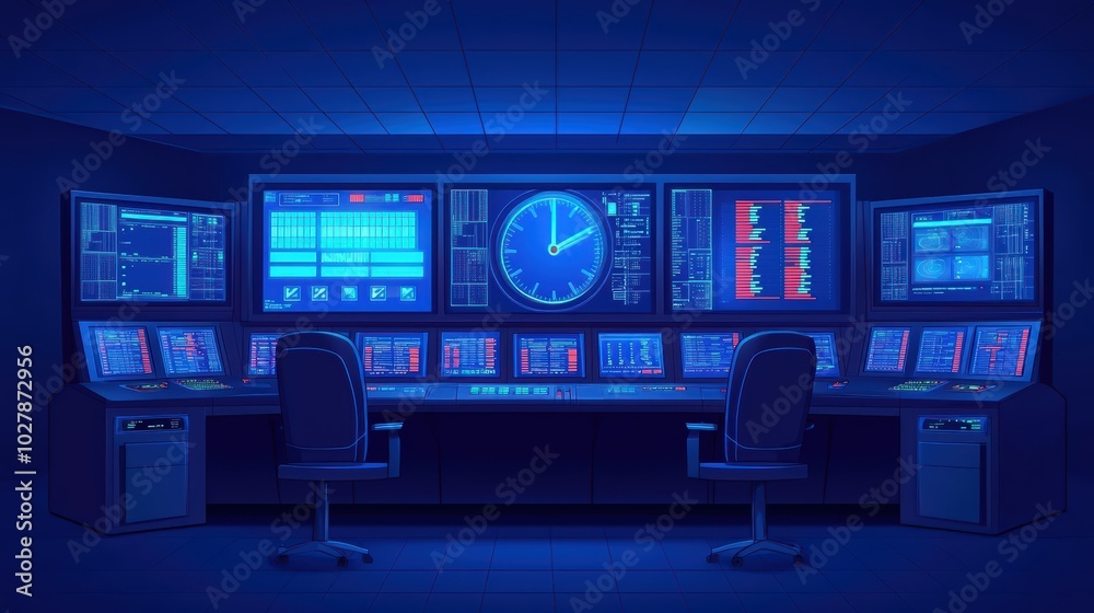 Poster futuristic control room with blue lighting and multiple screens displaying data and a clock.