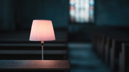 A soft table lamp illuminates the dim interior of a church, creating a mood of quiet reflection and understated beauty in the sacred space.