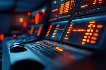 Obraz premium Futuristic control room with glowing screens and advanced technology for monitoring and data analysis.