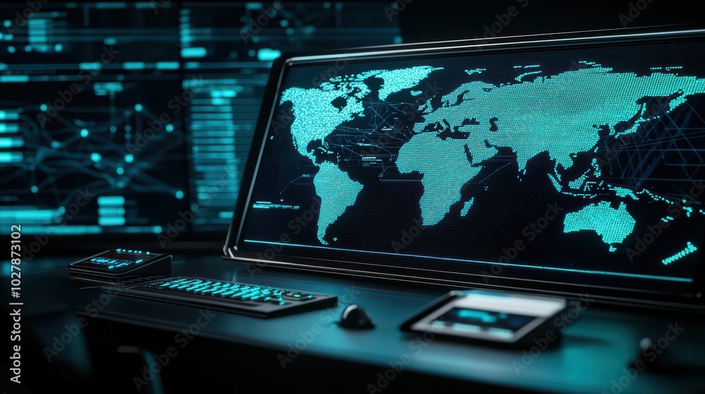 Poster futuristic control room with multiple screens displaying global data analytics and maps.