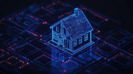 Futuristic digital house model in a network of glowing circuits, representing advanced technology in home design.