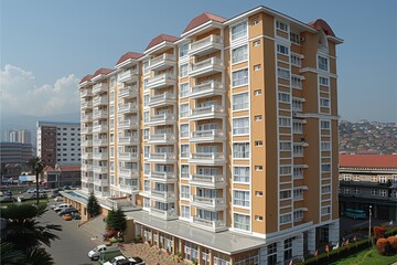 A modern multi-story residential building with a vibrant exterior stands prominently in an urban area surrounded by other architectural structures