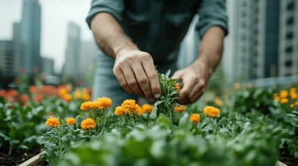 Hands skillfully tend to plants amidst vibrant flowers in an urban rooftop garden, creating a lush green space in the heart of a bustling cityscape skyline.