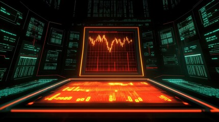 Obraz premium Futuristic interface displaying stock market data with glowing graphics on a digital screen.