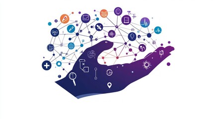 A stylized hand surrounded by interconnected digital icons representing technology and information.