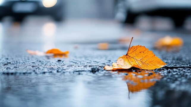 Golden autumn leaves float in road puddles reflecting urban lights, depicting the serene beauty of nature intertwined with the hustle and bustle of the city.