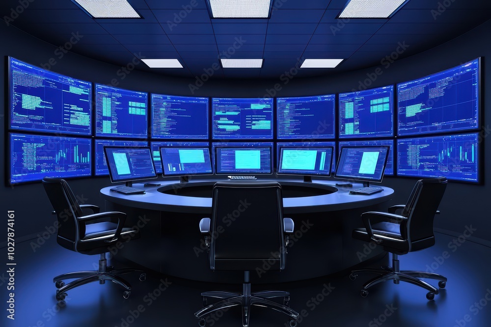 Poster high-tech control room with multiple screens displaying data and analytics, perfect for a modern tec