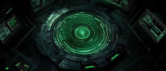 High-tech circular interface with green neon elements on a dark background.
