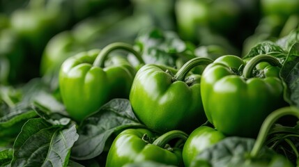 A collection of fresh green bell peppers is nestled among lush, vibrant green leaves, highlighting the essence of freshness and garden abundance.