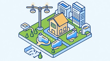 Naklejka premium Illustration of a modern cityscape with houses, water, and greenery, showcasing sustainable living and urban development.