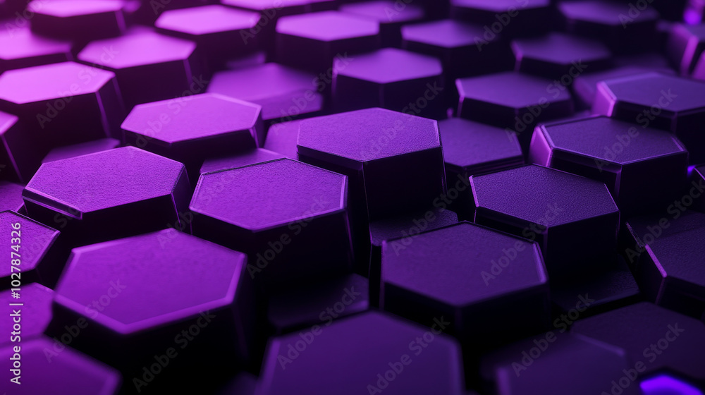 Poster a futuristic background with dark purple hexagonal shapes, like a honeycomb. it represents blockchai