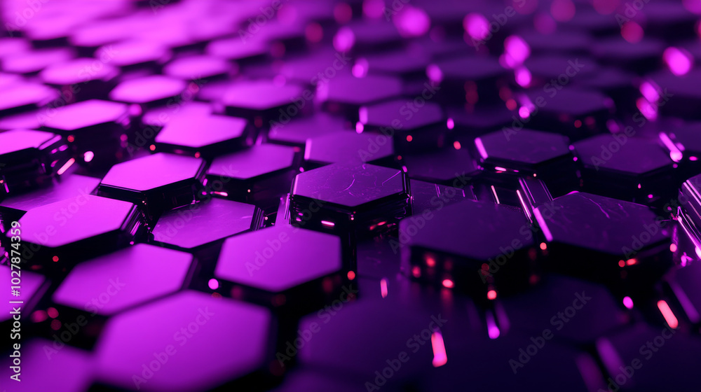 Poster a futuristic background with dark purple hexagonal shapes, like a honeycomb. it represents blockchai