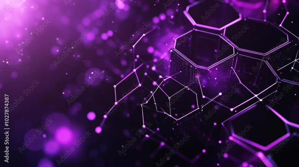 Poster a futuristic background with dark purple hexagonal shapes, like a honeycomb. it represents blockchai