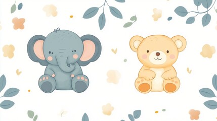 Obraz premium Adorable elephant family, cute vector illustration, seamless pattern for nursery prints and baby shower cards