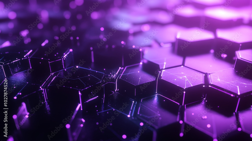 Poster a futuristic background with dark purple hexagonal shapes, like a honeycomb. it represents blockchai