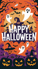 Happy Halloween card with orange and purple ghosts, pumpkins and bats. 
