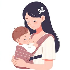 Flat style illustration of a baby nestled in a carrier on mom’s chest. Perfect for family and parenting-related designs. Warm and nurturing composition, ideal for showcasing mother-child bonding and