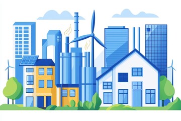 Modern city skyline with wind turbines and solar panels, showcasing sustainable architecture and green energy solutions.