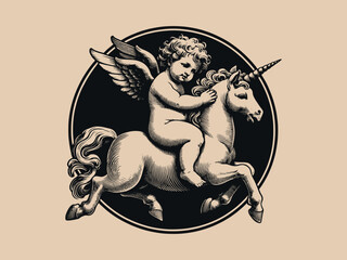 Fototapeta premium little baby angel cherub riding a unicorn. Old vintage engraving illustration. Hand drawn outline graphic. Logo, emblem, icon. Isolated object, cut out. black and white 
