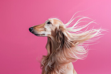 An elegant Afghan Hound poses against a pink background, its long, flowing hair blowing gracefully in the wind.