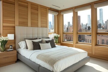 Fototapeta premium Contemporary bedroom with wooden panels, white and grey bed, beige headboard, and city view windows, captured in a ratio