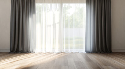 Empty room with double-layered curtains, gray thick and white sheer curtains in sunlight with shadows from the window frame. Background for interior design.