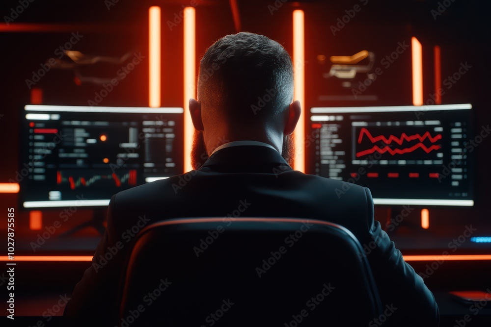 Poster Professional working in a modern office, analyzing data on multiple screens with dynamic graphs and charts.