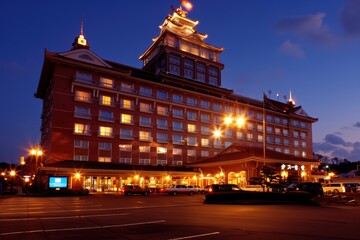 Fototapeta premium Illuminated traditional-style hotel exterior with glowing lights showcasing intricate architectural design under twilight sky