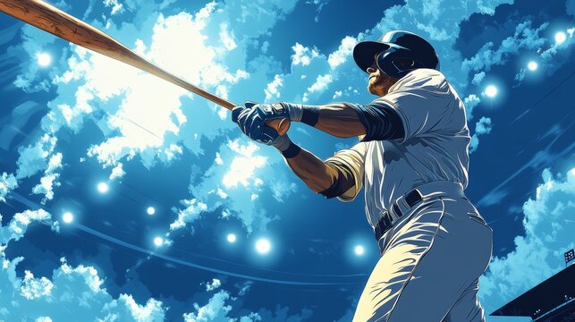 Baseball player in action, hitting a home run, with stadium lights casting a spotlight, done in detailed vector illustration style